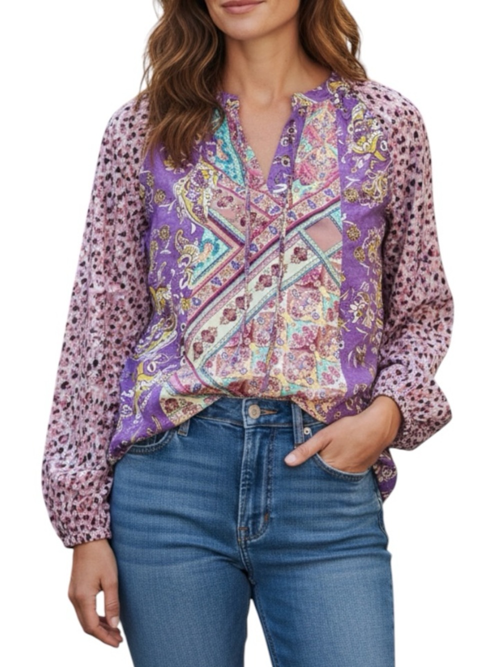 **NWT** Umgee Mixed-Print Split-Neck Top